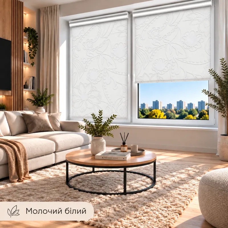 Рулонна штора TM "DecoSharm" Квіти молочний білий